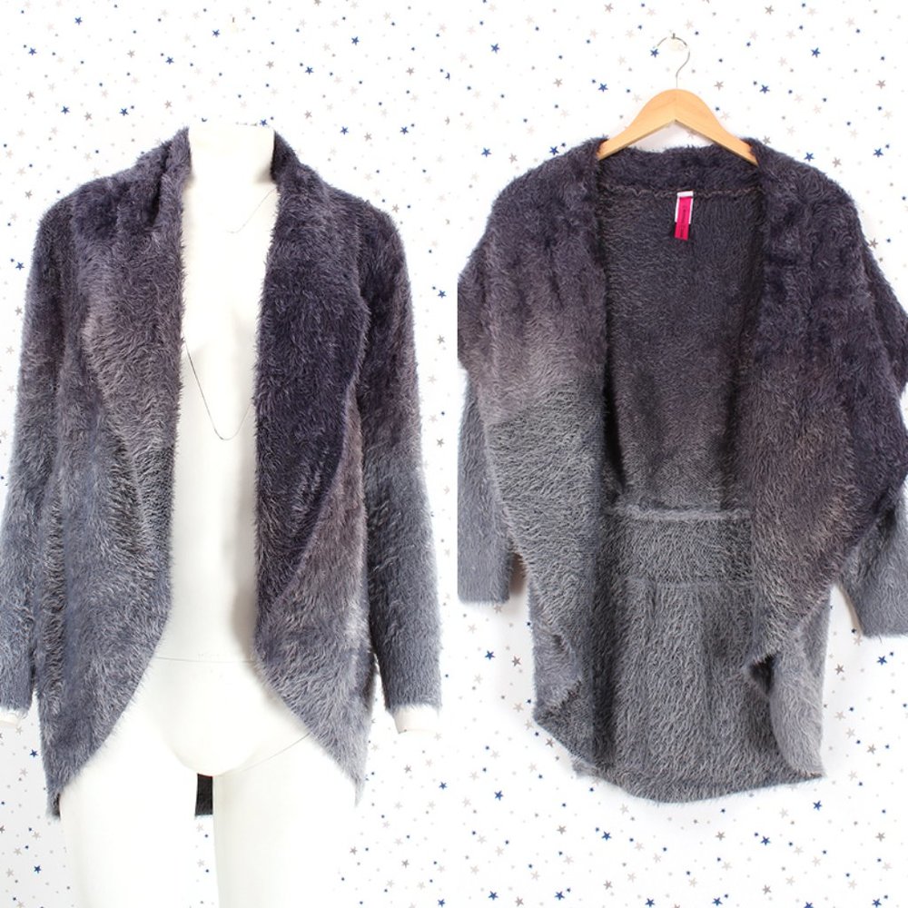 Fuzzy Ombre Cardigan Sweater Gray